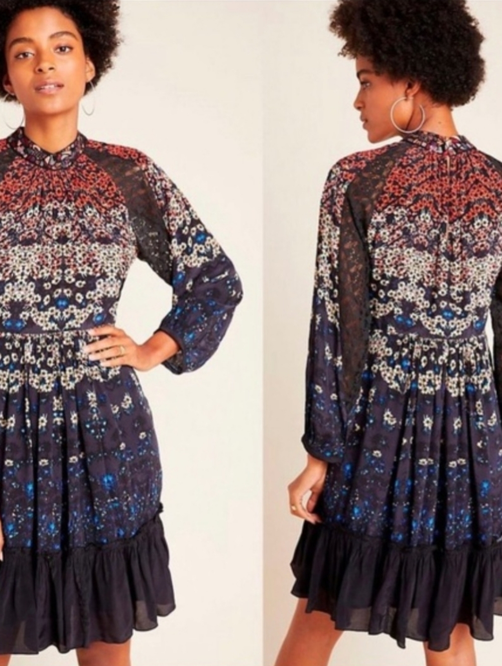 Anthropologie Bhanuni By Jyoti Printed Long-Sleeve Ruffle Hem Dress - Navy Multi